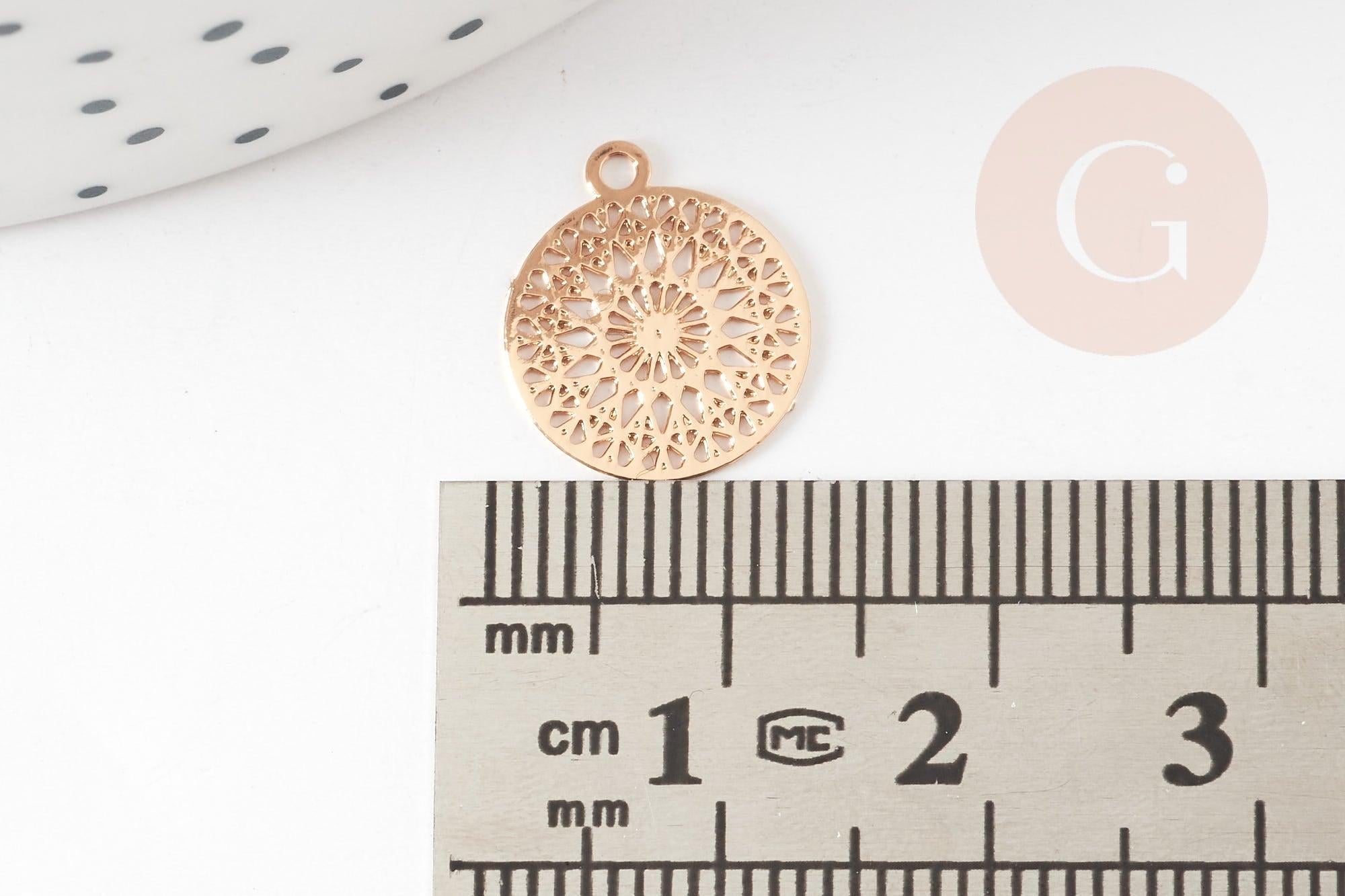 Pendentif estampe filigrane rond fleur dentelle laiton doré clair 14mm, x2 (G9290)