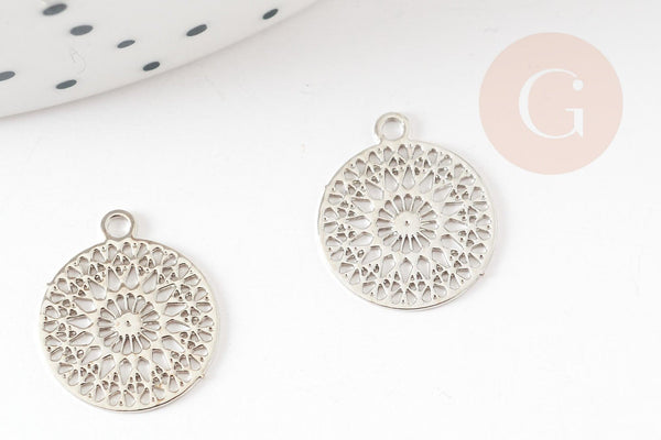 Pendentif estampe filigrane rond fleur dentelle laiton platine 14mm, Pendentif léger pour création bijoux argent, x2 (G9304)
