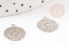 Pendentif estampe filigrane rond fleur dentelle laiton platine 14mm, Pendentif léger pour création bijoux argent, x2 (G9304)