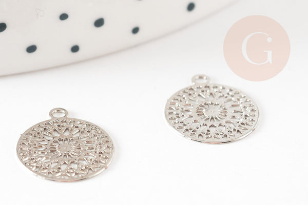 Pendentif estampe filigrane rond fleur dentelle laiton platine 14mm, Pendentif léger pour création bijoux argent, x2 (G9304)