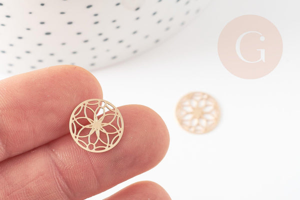 Pendentif estampe filigrane rond fleur laiton doré 13mm, Pendentif très fin et léger, x2 (G4599)