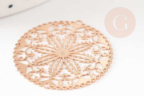 Pendentif estampe filigrane rond fleur laiton doré 31.5mm, Pendentif très fin et léger pour création de bijoux, x2 G9275