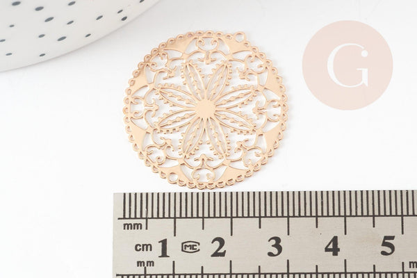 Pendentif estampe filigrane rond fleur laiton doré 31.5mm, Pendentif très fin et léger pour création de bijoux, x2 G9275