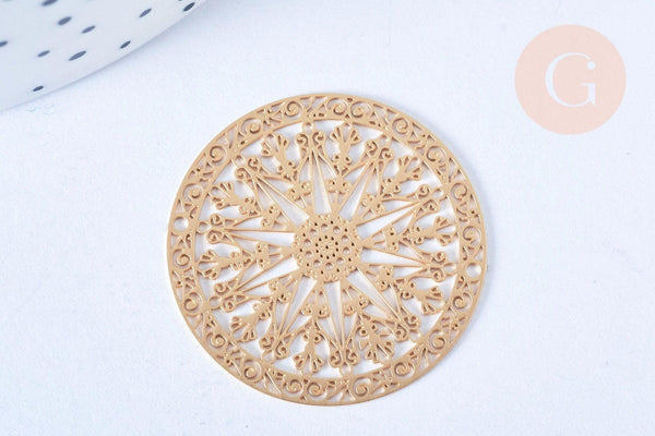 Pendentif estampe filigrane rond flocon de neige laiton doré, Pendentif très fin et léger, 20mm,x2 G5501