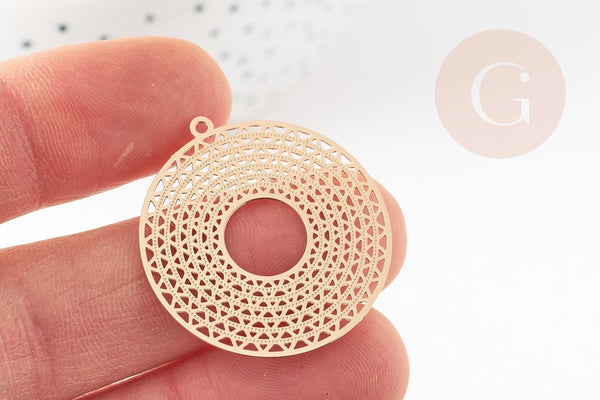 Pendentif estampe filigrane rond géométrique évidé laiton doré 32.5mm, Pendentif très fin et léger pour création de bijoux, x2 G9274