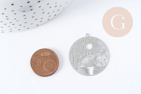 Pendentif estampe filigrane rond paysage acier 201 inoxydable argenté 32mm, Pendentif très fin et léger x1, (G8937)