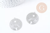 Pendentif estampe filigrane rond paysage acier 201 inoxydable argenté 32mm, Pendentif très fin et léger x1, (G8937)