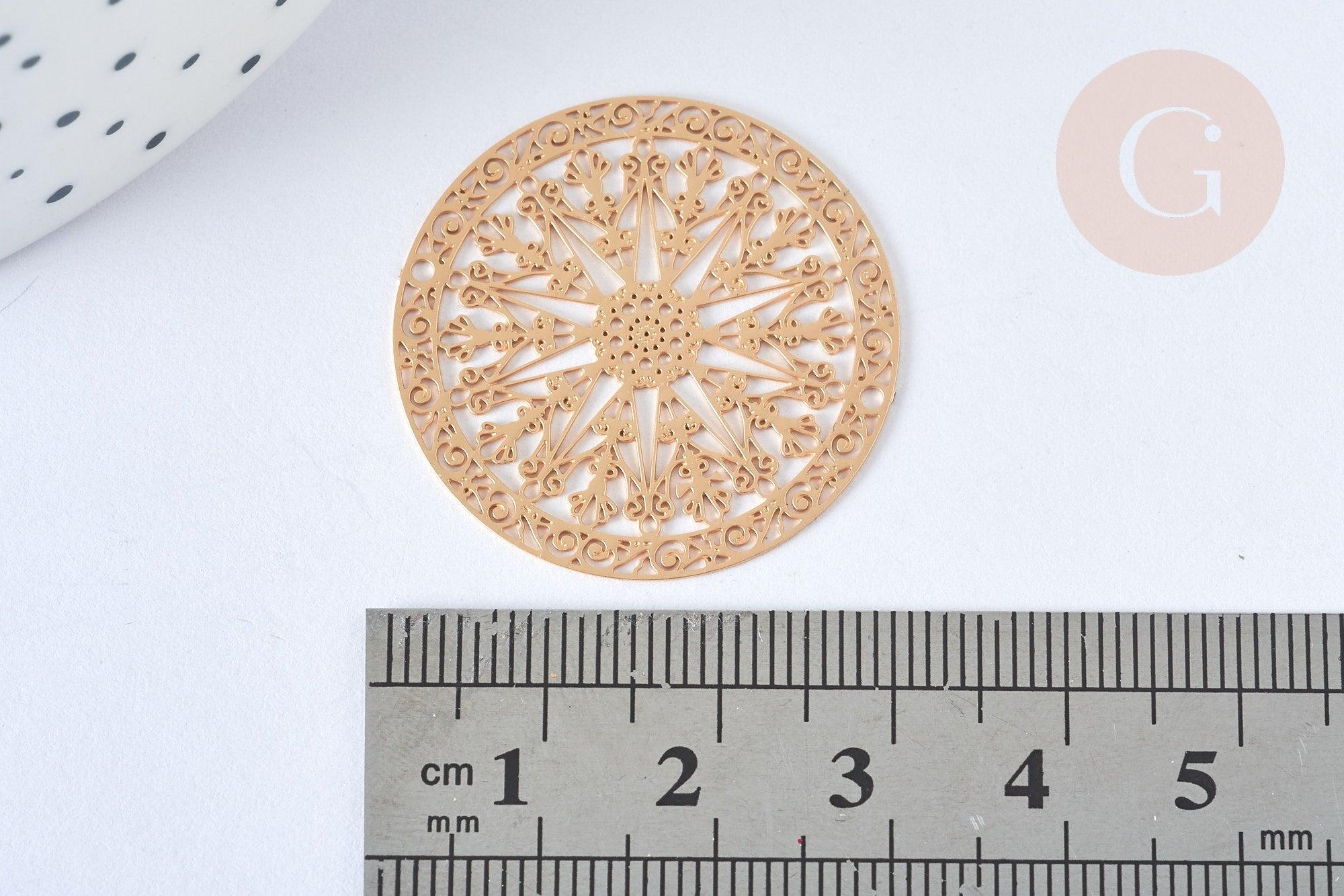 Pendentif estampe filigrane rond rosace laiton doré 30mm, Pendentif léger, x2 G7249