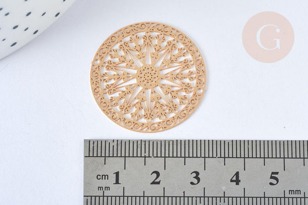 Pendentif estampe filigrane rond rosace laiton doré 30mm, Pendentif léger, x2 G7249