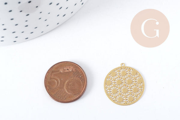 Pendentif estampe filigrane soleil géométrique acier 201 doré 18K inoxydable 22mm, x1 G8935