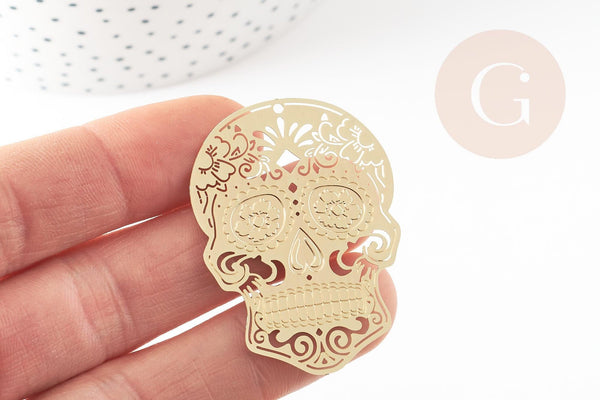 Pendentif estampe filigrane tête de mort laiton doré, Pendentif très fin et léger, 46 x 34 mm, x2 (G3697)