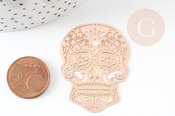 Pendentif estampe filigrane tête de mort laiton or rose, Pendentif très fin et léger,46 x 34 mm, x2 (G3689)