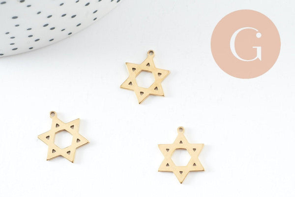 Pendentif étoile David acier 304 inoxydable doré PVD 18K 17mm, x1 (G9823)