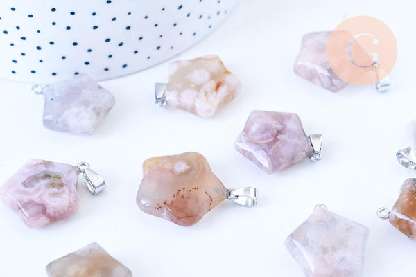 Pendentif étoile agate cherry blossom naturelle fer argenté 27mm, x1 (G5714)