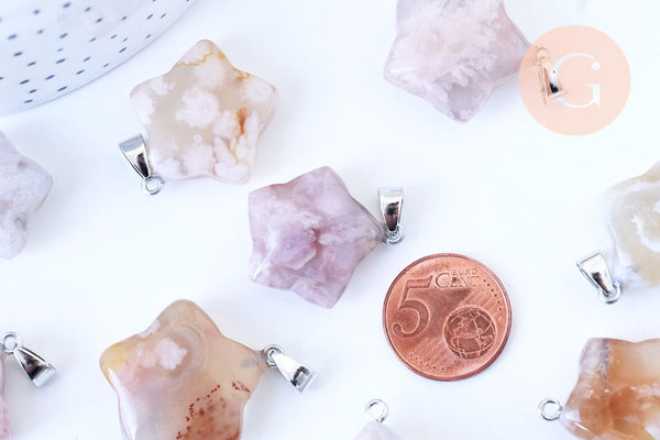 Pendentif étoile agate cherry blossom naturelle fer argenté 27mm, x1 (G5714)
