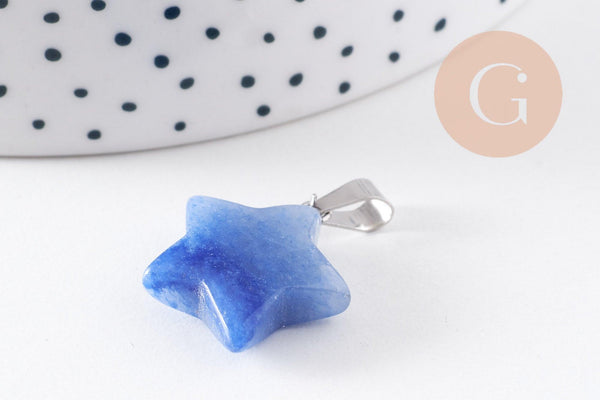 Pendentif étoile aventurine naturelle bleu acier inoxydable platine 22mm, x1 (G10073)
