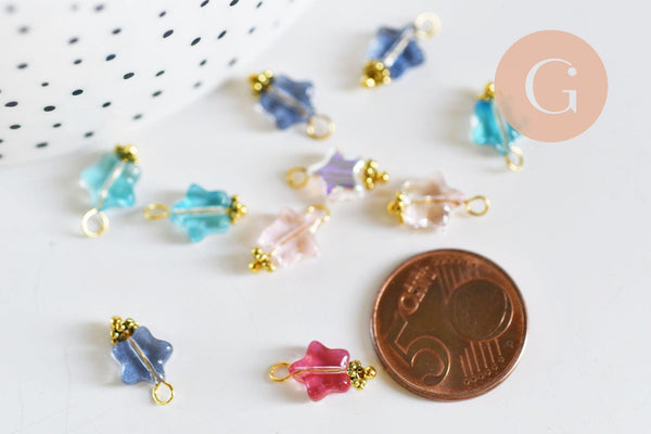 Pendentif étoile doré carats verre coloré 14mm, x10 (G6225)