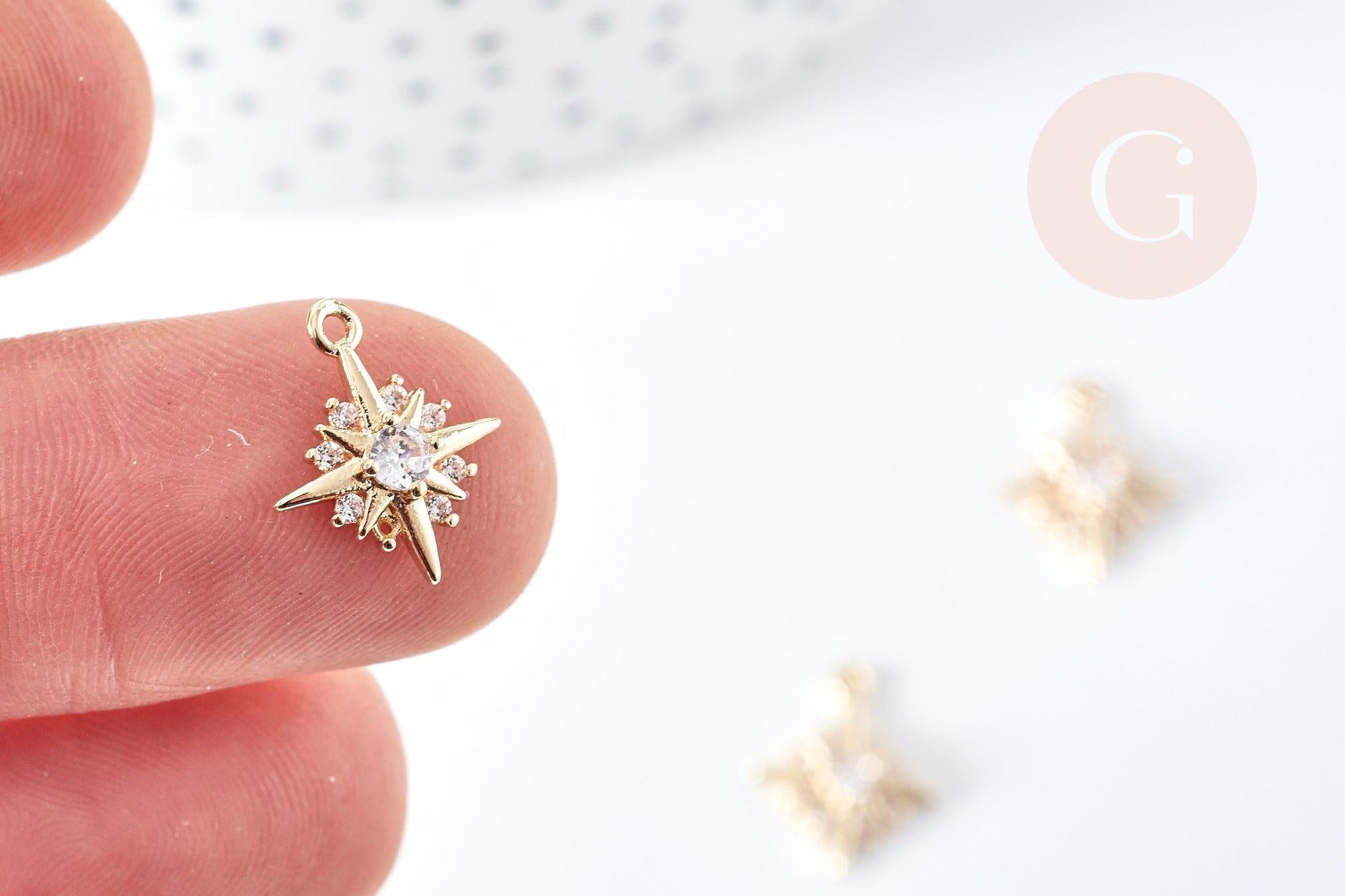 Pendentif étoile du nord laiton doré 14K cristal zircon blanc 14mm, pendentif doré création bijou, x1 (G8576)