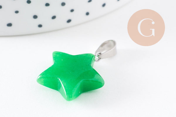 Pendentif étoile jade naturel vert acier inoxydable platine 22mm, x1 (G10072)