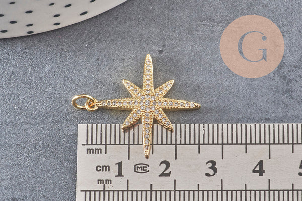 Pendentif étoile laiton doré cristal zircon 25mm, x1 (G0476)