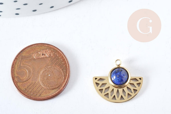 Pendentif éventail acier 304 inoxydable dore IP pierre de synthèse 18mm, x1 (G8821)