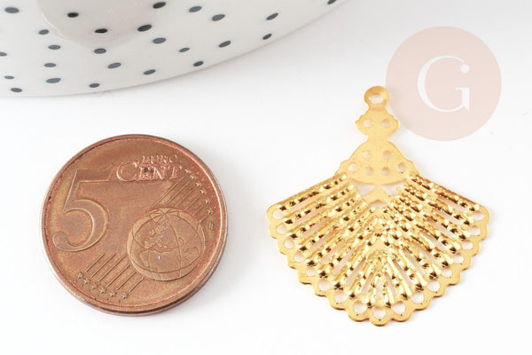 Pendentif éventail doré filigrane fer doré, pendentif, pendentif doré, 28.5mm,x10 (G3893)