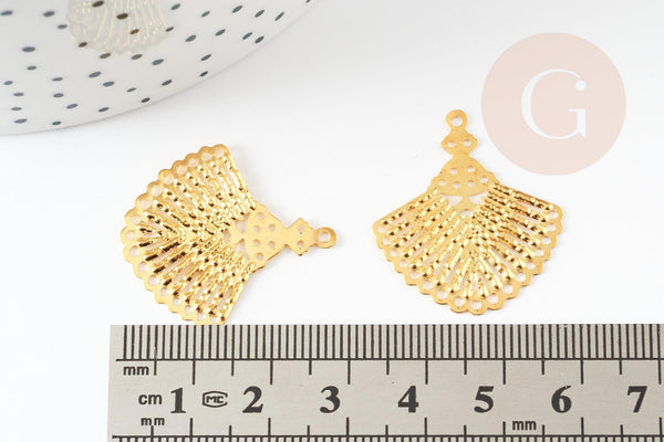 Pendentif éventail doré filigrane fer doré, pendentif, pendentif doré, 28.5mm,x10 (G3893)