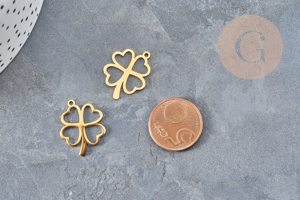 Pendentif évidé trèfle en acier 304 doré inoxydable 23mm, un bijou en acier hypoallergénique, x1 (G4831)