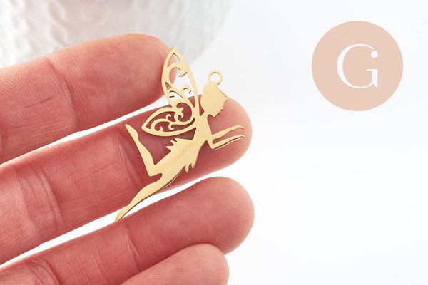 Pendentif fée clochette d'ange acier 201 inoxydable doré 41mm, x1 (G9732)
