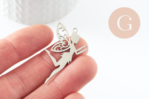 Pendentif fée clochette d'ange acier 201 inoxydable platine 41mm, x1 (G9803)