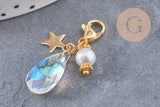 Pendentif fermoir cristal facetté acier inoxydable doré 34mm, pendentif perle en verre, fabrication de porte clés, x1 (G7102)