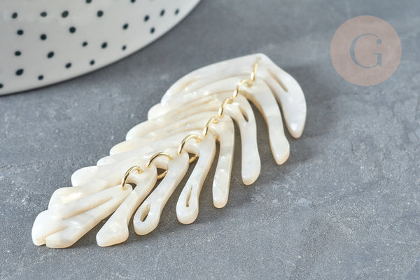 Pendentif feuille acétate blanc fer doré 70-76mm, plastique, x2 (G7351)