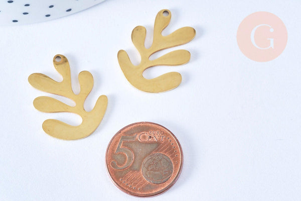 Pendentif feuille acier doré 18K 25.5mm,acier inoxydable doré, pendentif sans nickel,création bijoux, x1 G6658