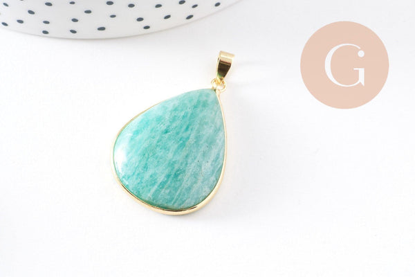 Pendentif feuille amazonite naturelle laiton platine ou doré 34-46mm, x1 (G10927)