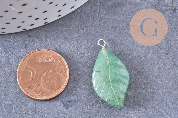 Pendentif feuille aventurine support platine, 28mm, x1 G4980