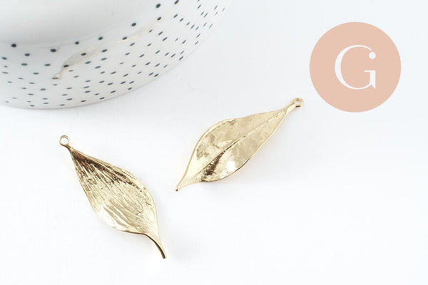 Pendentif feuille laiton brut 46.5mm, feuille dorée pour création bijoux, x2 (G7622)