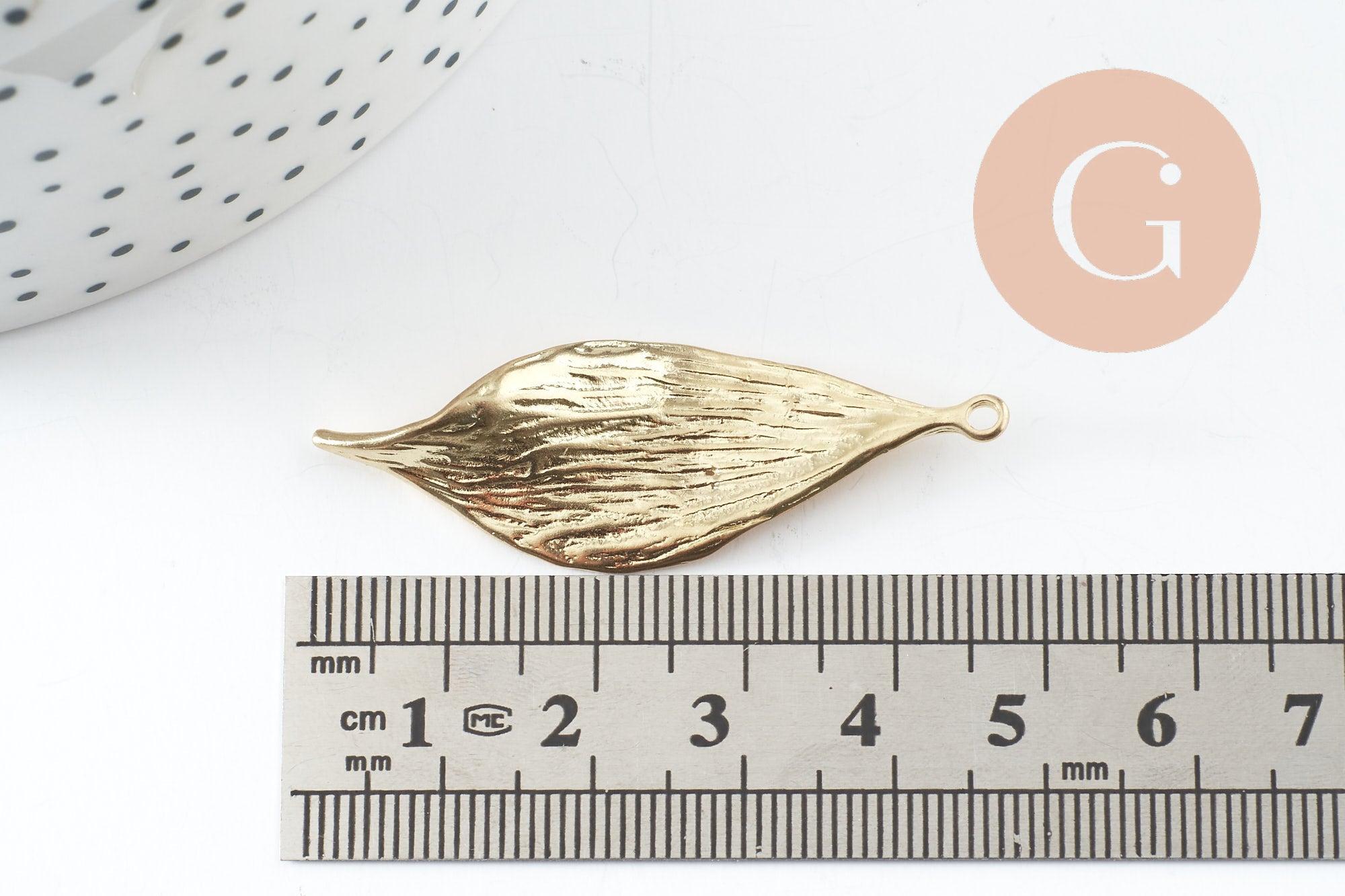 Pendentif feuille laiton brut 46.5mm, feuille dorée pour création bijoux, x2 (G7622)