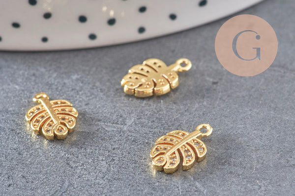 Pendentif feuille laiton doré zircon 14mm, X2 (G9840)