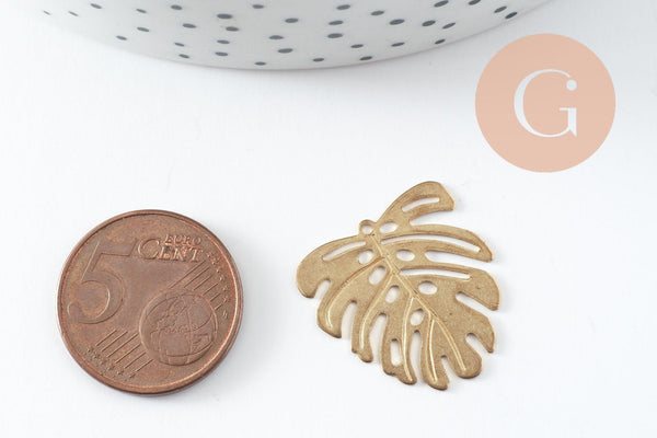 Pendentif feuille laiton,breloque laiton brut,bijou laiton,feuille monstera, bijoux,pendentif laiton brut,22mm, x2 (G1763)