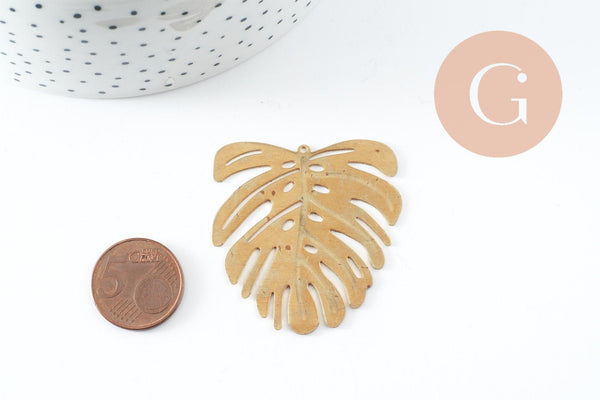 Pendentif feuille laiton,fourniture bijou,breloque laiton brut,bijou laiton,feuille monstera 45mm, x1 (G0917)