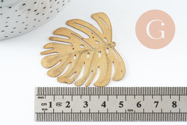 Pendentif feuille laiton,fourniture bijou,breloque laiton brut,bijou laiton,feuille monstera 45mm, x1 (G0917)