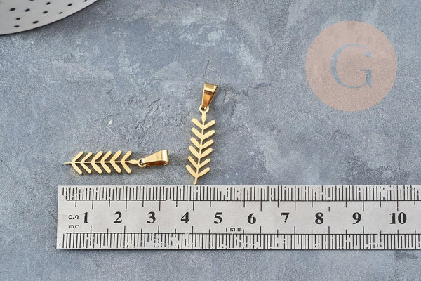 Pendentif feuille laurier acier doré 304 inoxydable 25.5mm, bijou en acier hypoallergénique x1 (G4763)