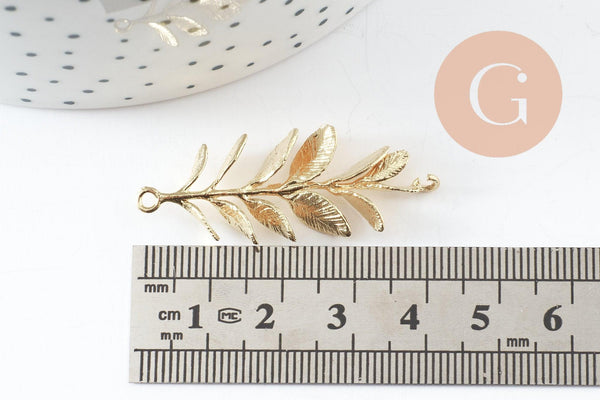 Pendentif feuille laurier laiton,breloque laiton brut, feuille laurier bijoux,pendentif laiton brut, 43mm, x2 (G0432)