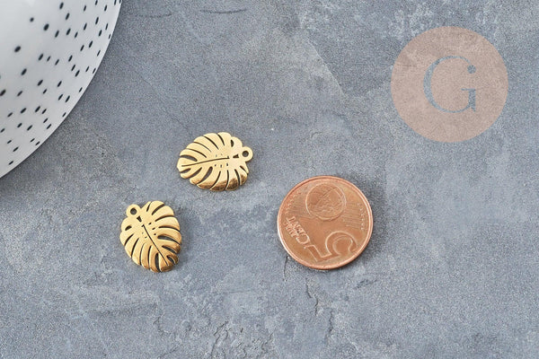 Pendentif feuille monsterosa acier 201 doré inoxydable 17mm, x1 (G5690)