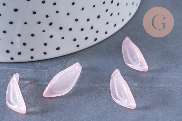 Pendentif feuille verre rose clair 25.5mm ,pendentif verre ,x10 (G6572)