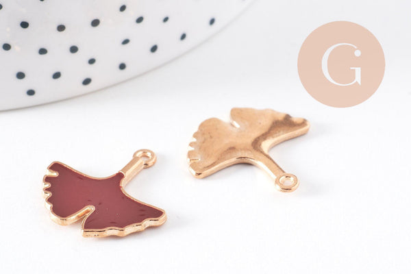 Pendentif feuilles gingko zamac doré émail bordeau,breloque laiton feuille Gingko pour création bijoux doré,22.5mm, x2 (G5285)