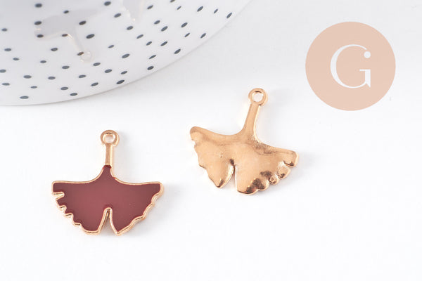 Pendentif feuilles gingko zamac doré émail bordeau,breloque laiton feuille Gingko pour création bijoux doré,22.5mm, x2 (G5285)