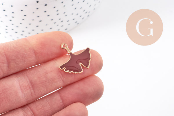 Pendentif feuilles gingko zamac doré émail bordeau,breloque laiton feuille Gingko pour création bijoux doré,22.5mm, x2 (G5285)