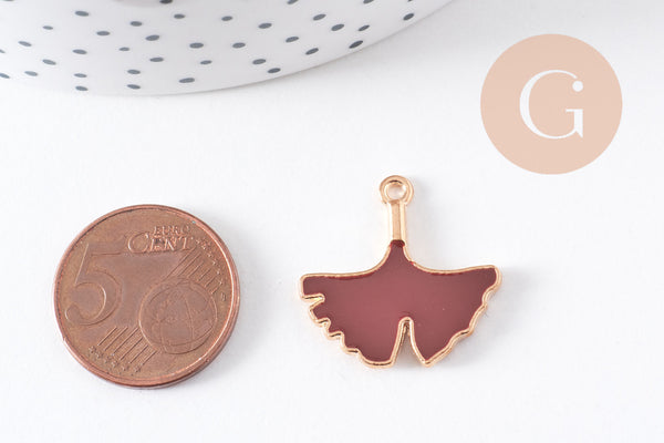Pendentif feuilles gingko zamac doré émail bordeau,breloque laiton feuille Gingko pour création bijoux doré,22.5mm, x2 (G5285)