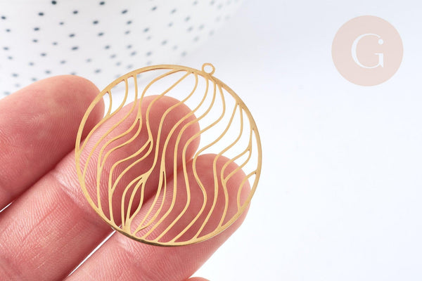 Pendentif filigrane rond vagues acier inoxydable 201 doré 39mm, création bijoux acier inoxydable, x1 G7255